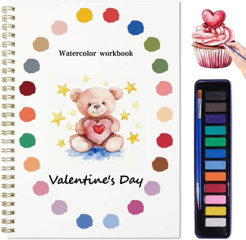 DPWCVM Beginner Watercolor Painting Kit Watercolor Workbook Coloring Book 12 Colors Paint Set with Brush, DIY Valentine's Day Cards Easily Master Beginner Friendly Watercolor Paint Set Valentine's Day Gifts for Adults Teens. (Valentine's Day) - Image 1